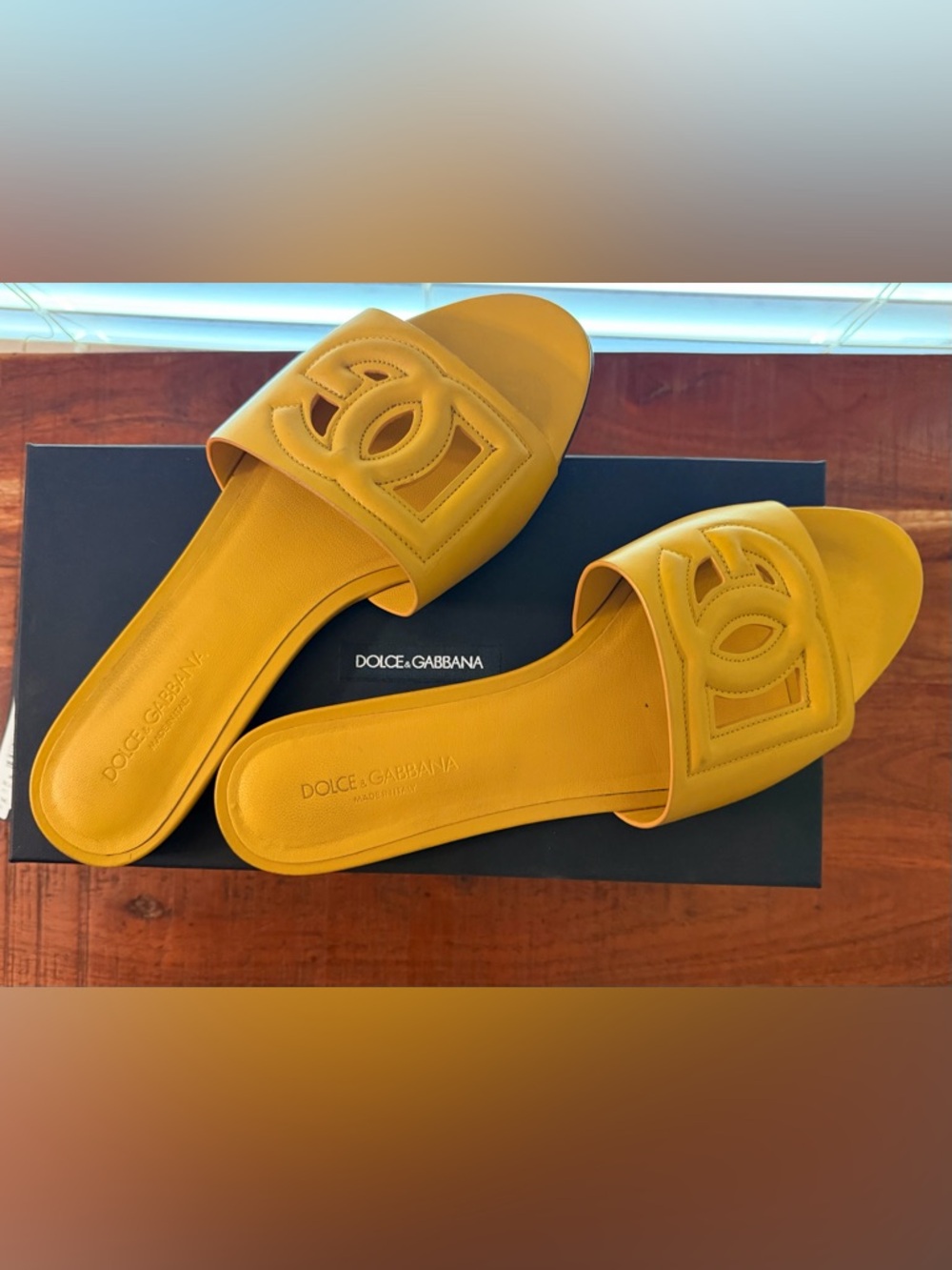 Dolce & Gabbana Mustard Yellow Leather Logo Slide Mules